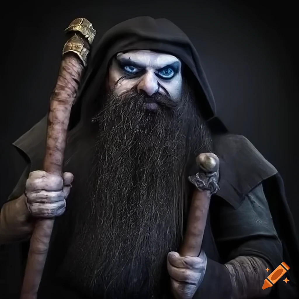 Hills dwarf cleric with dark features and a scythe