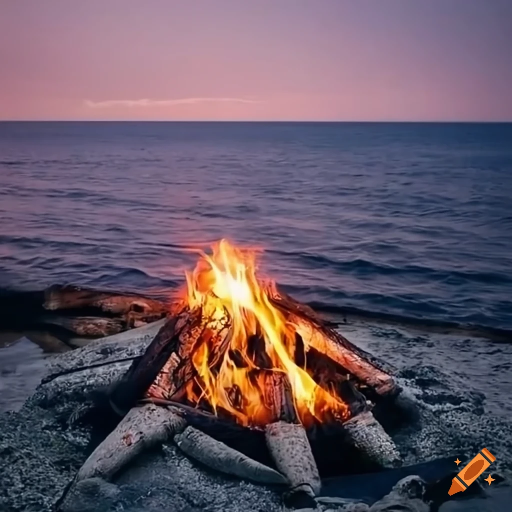 Cozy bonfire by the ocean with a fishing boat nearby