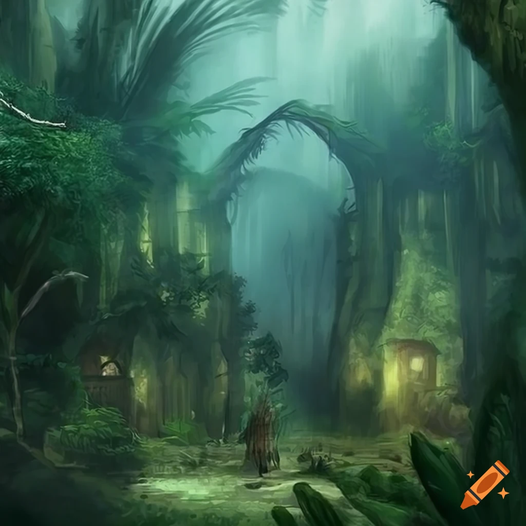 Fairytale lost city in the rainforest with detailed fantasy artwork