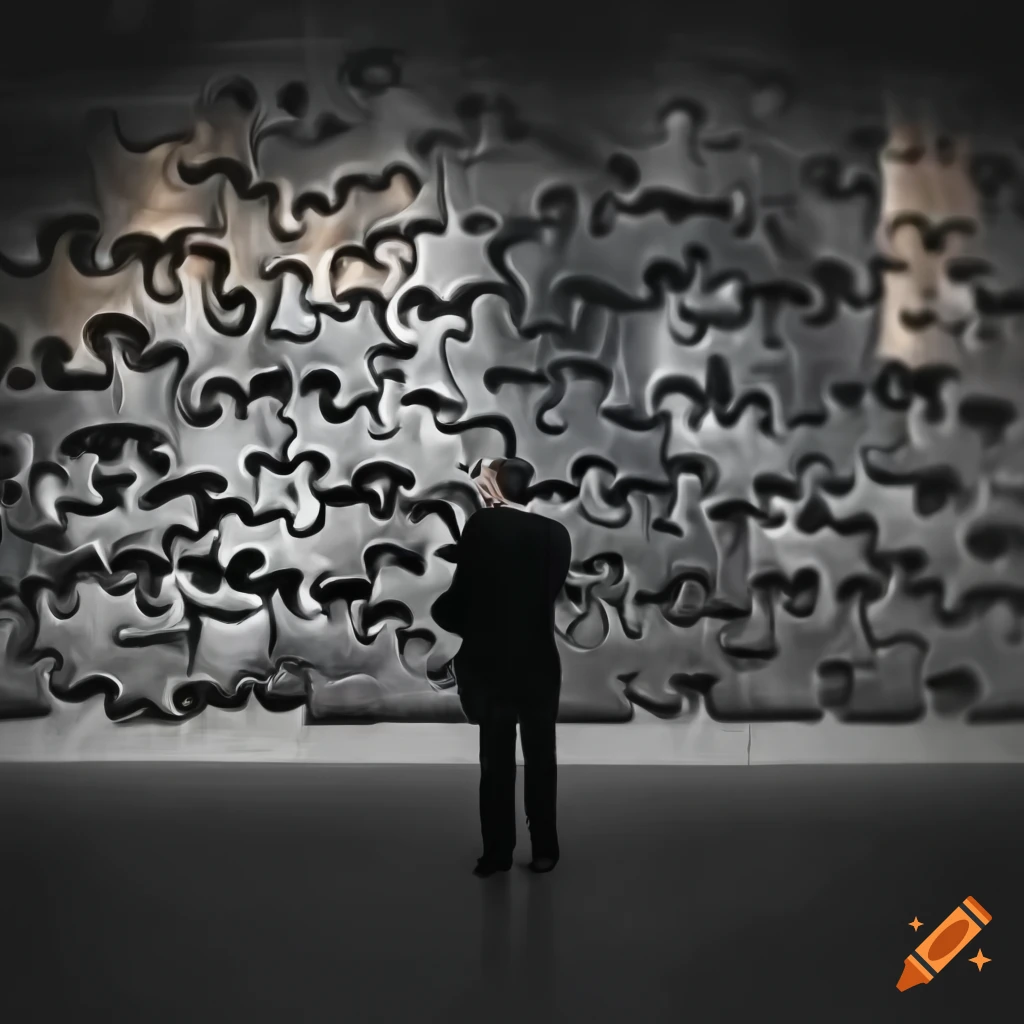 Business person looking at a massive jigsaw puzzle in a gallery