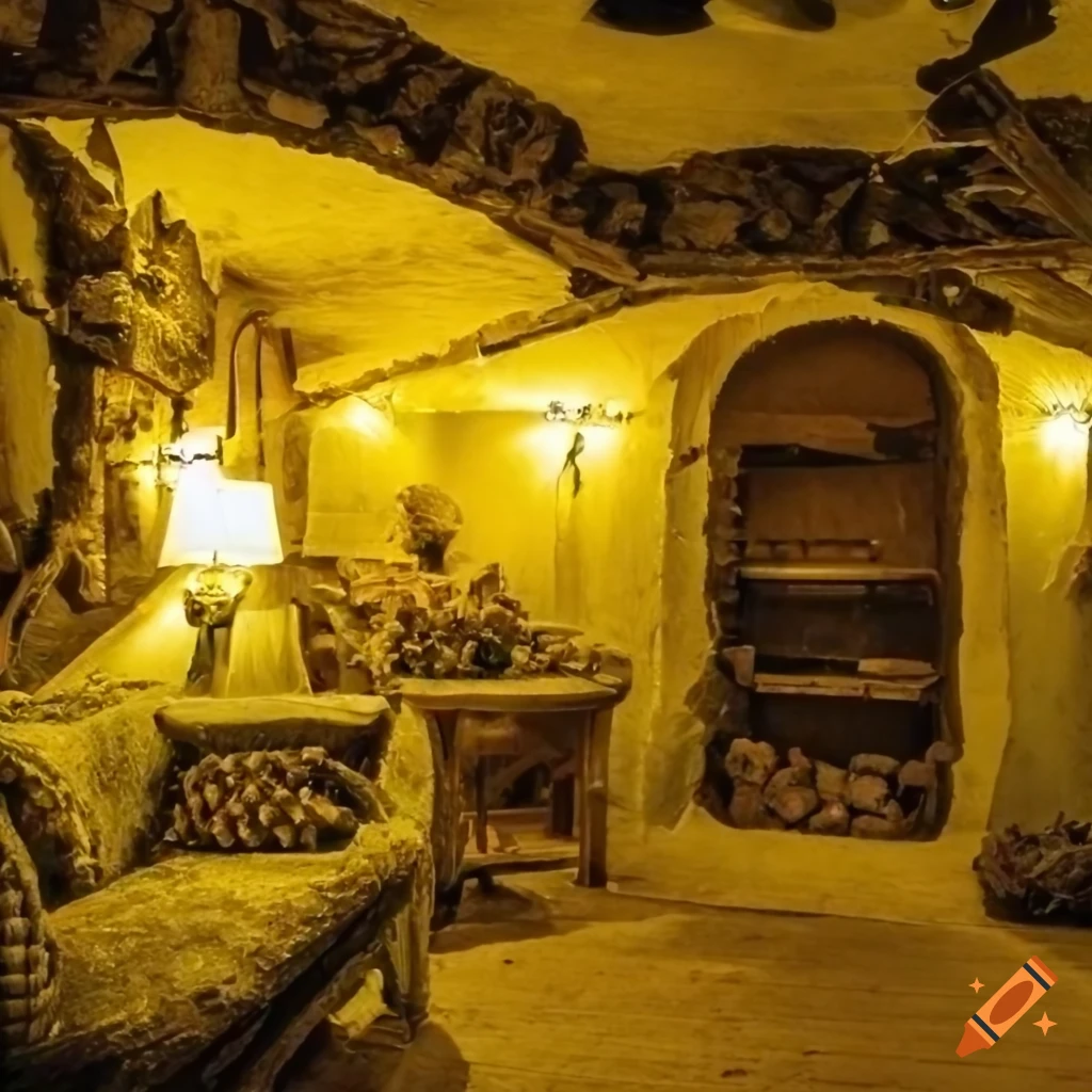 Interior of a mushroom house with yellow colors and lighting on Craiyon