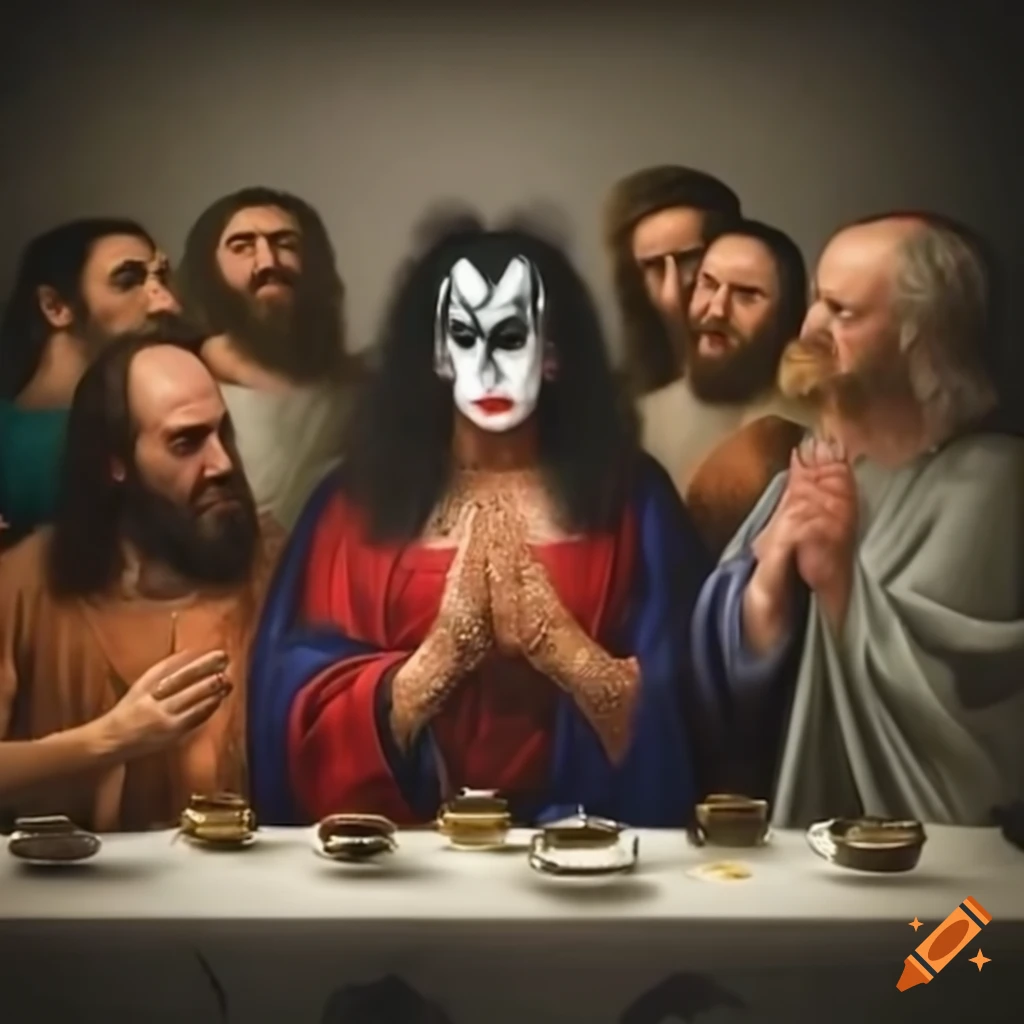 Parody of da Vinci's Last Supper with Gene Simmons as Jesus and the apostles