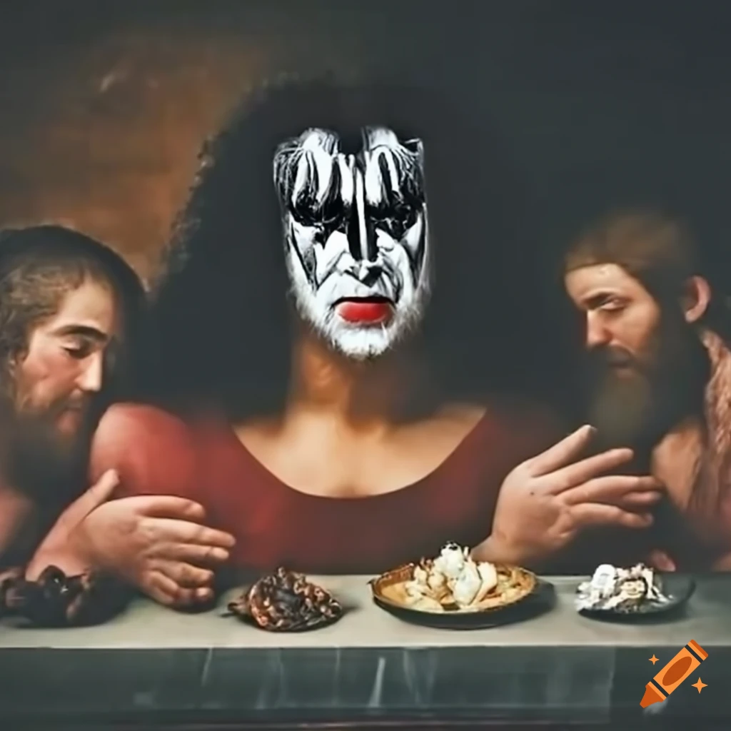 Parody of da Vinci's Last Supper with Gene Simmons as Jesus and the apostles
