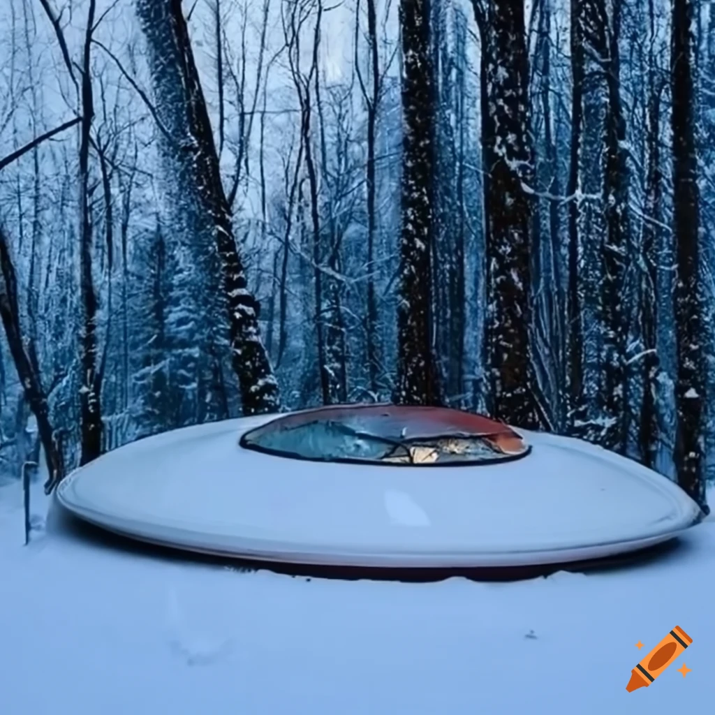 Flying saucer in a winter night dark forest