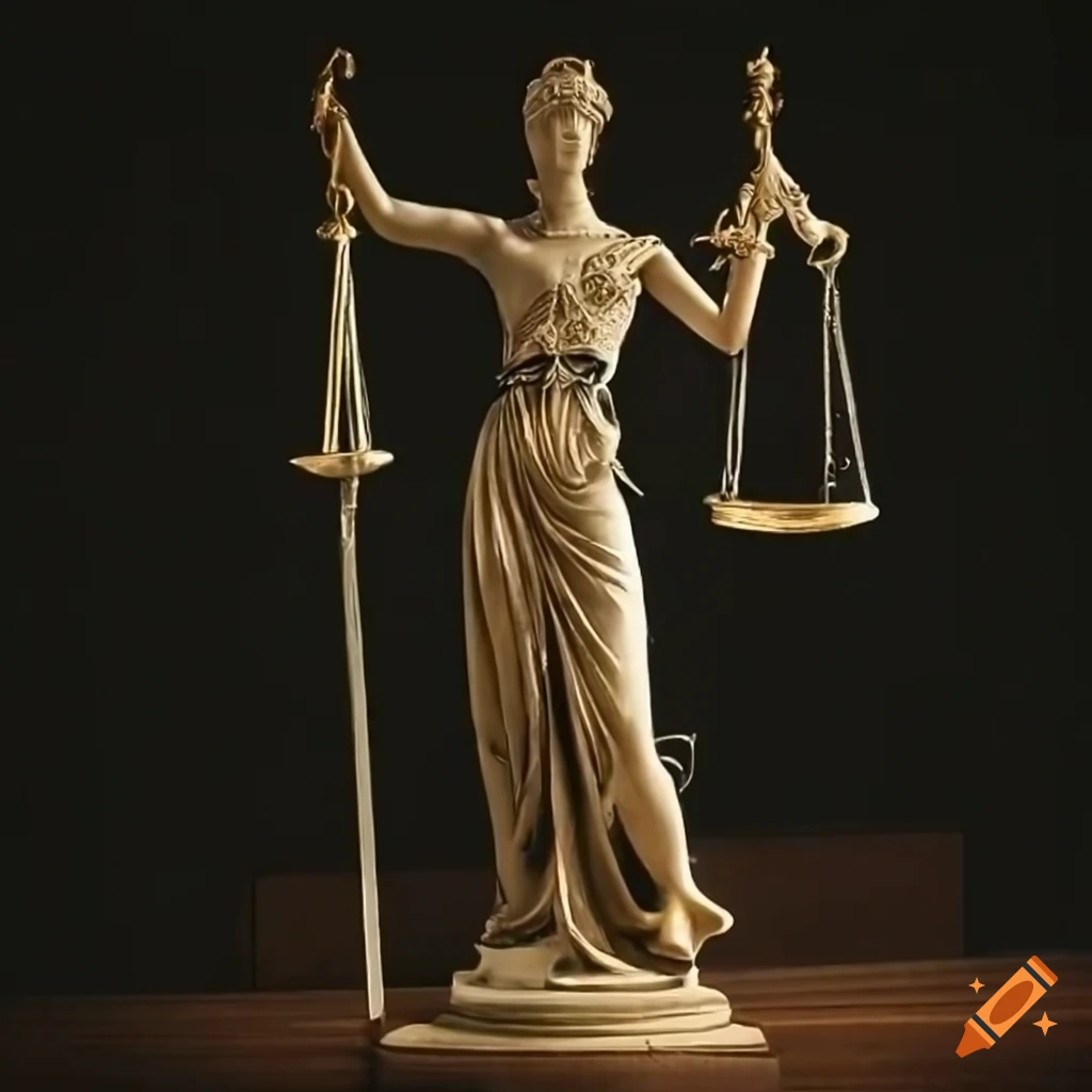 Broken scales on Lady Justice statue holding a sword