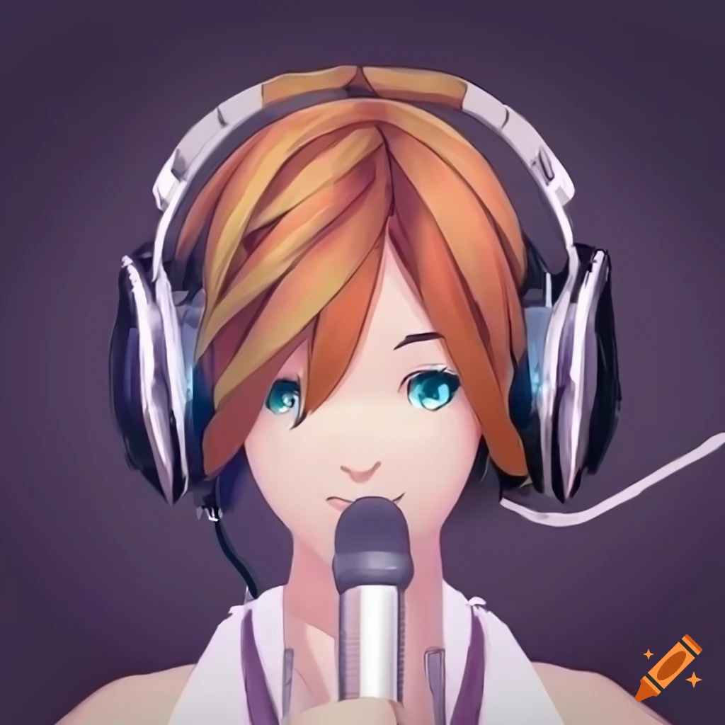 Vocaloid style character recording a podcast with headphones and microphone