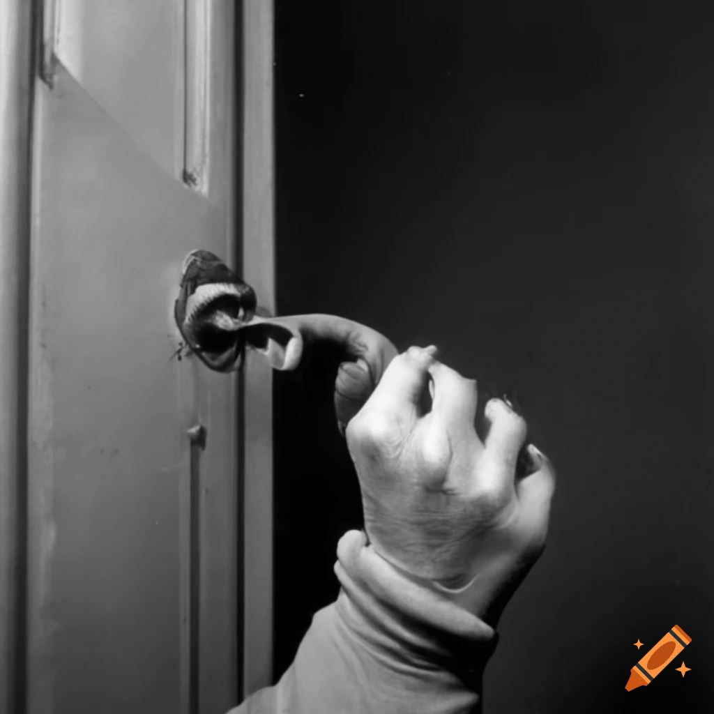 Spooky hand gripping a doorknob with a 1990's filter