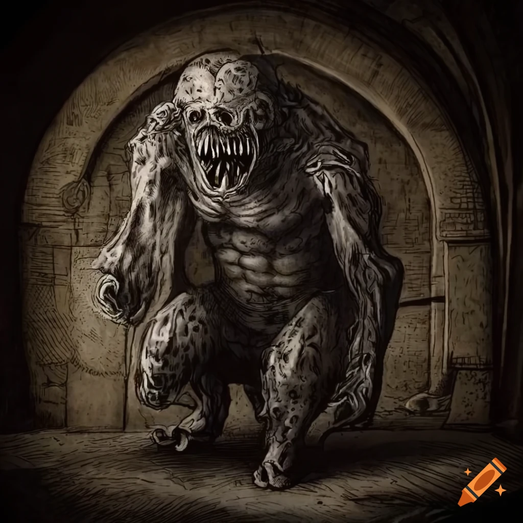 Detailed etching of underground medieval sewers with intricate pipe systems and a muscular monster