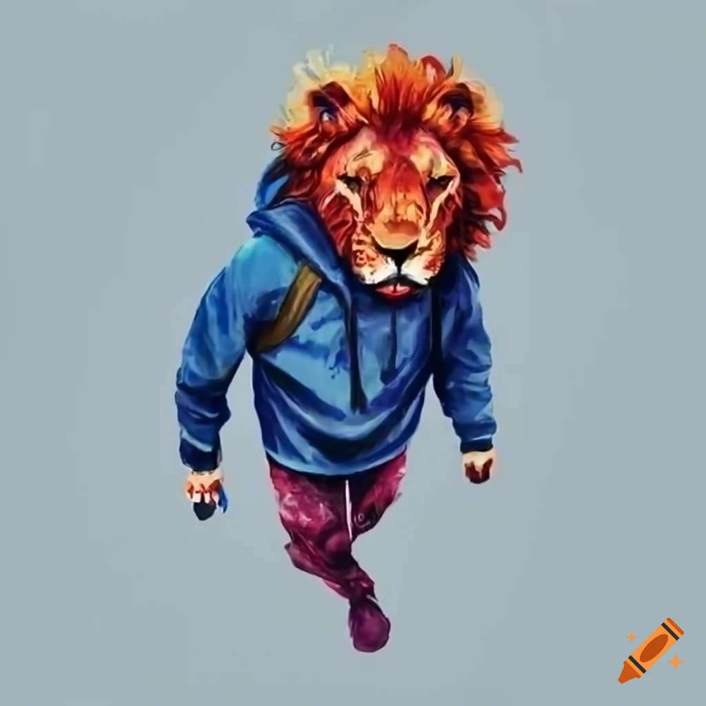 Red lion in hoodie walking with coffee and backpack