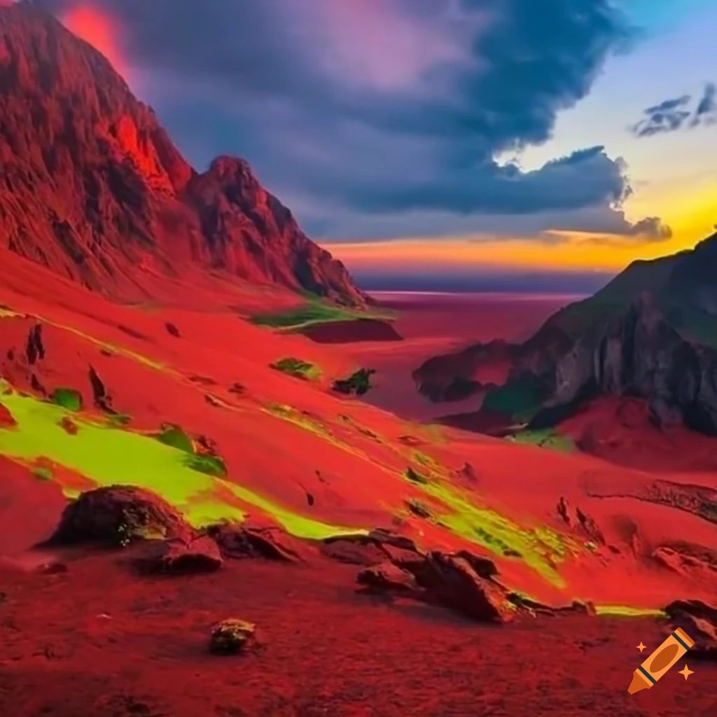 Contrast of green paradise and fiery red inferno in a vivid landscape