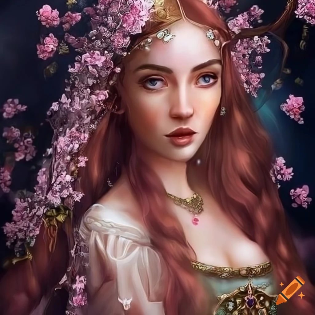 Fairytale portrait of a young woman in a medieval inspired dress on Craiyon