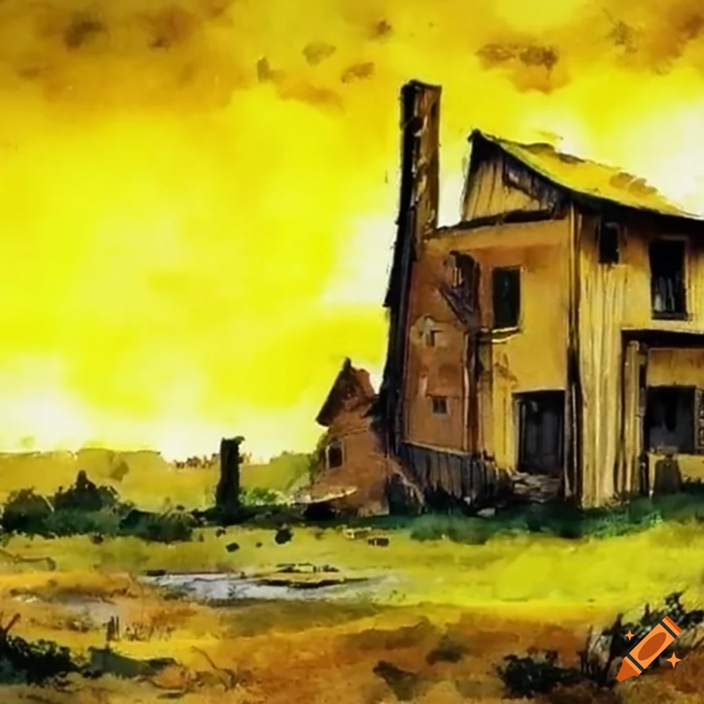 Post-apocalyptic yellow house with Studio Ghibli style and lighting