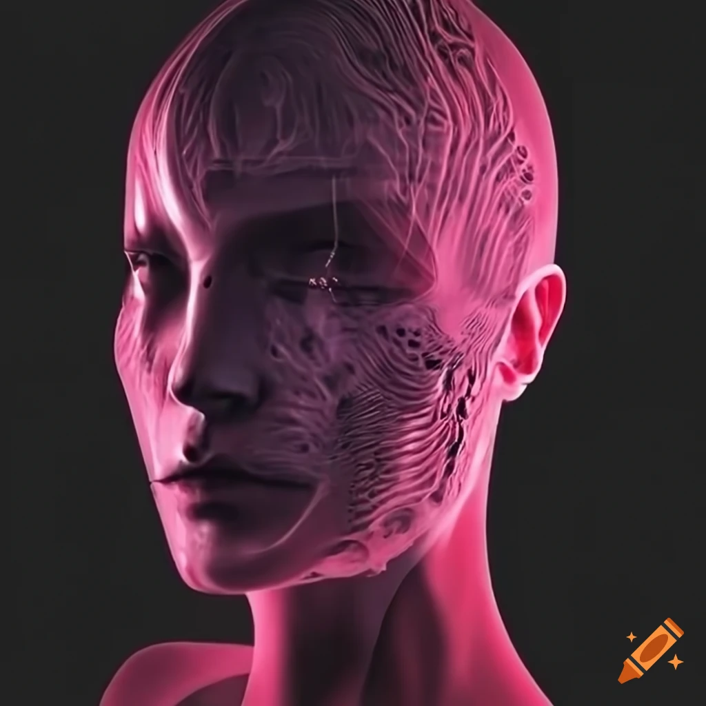 Surrealistic xray of face and body with a technological twist on Craiyon