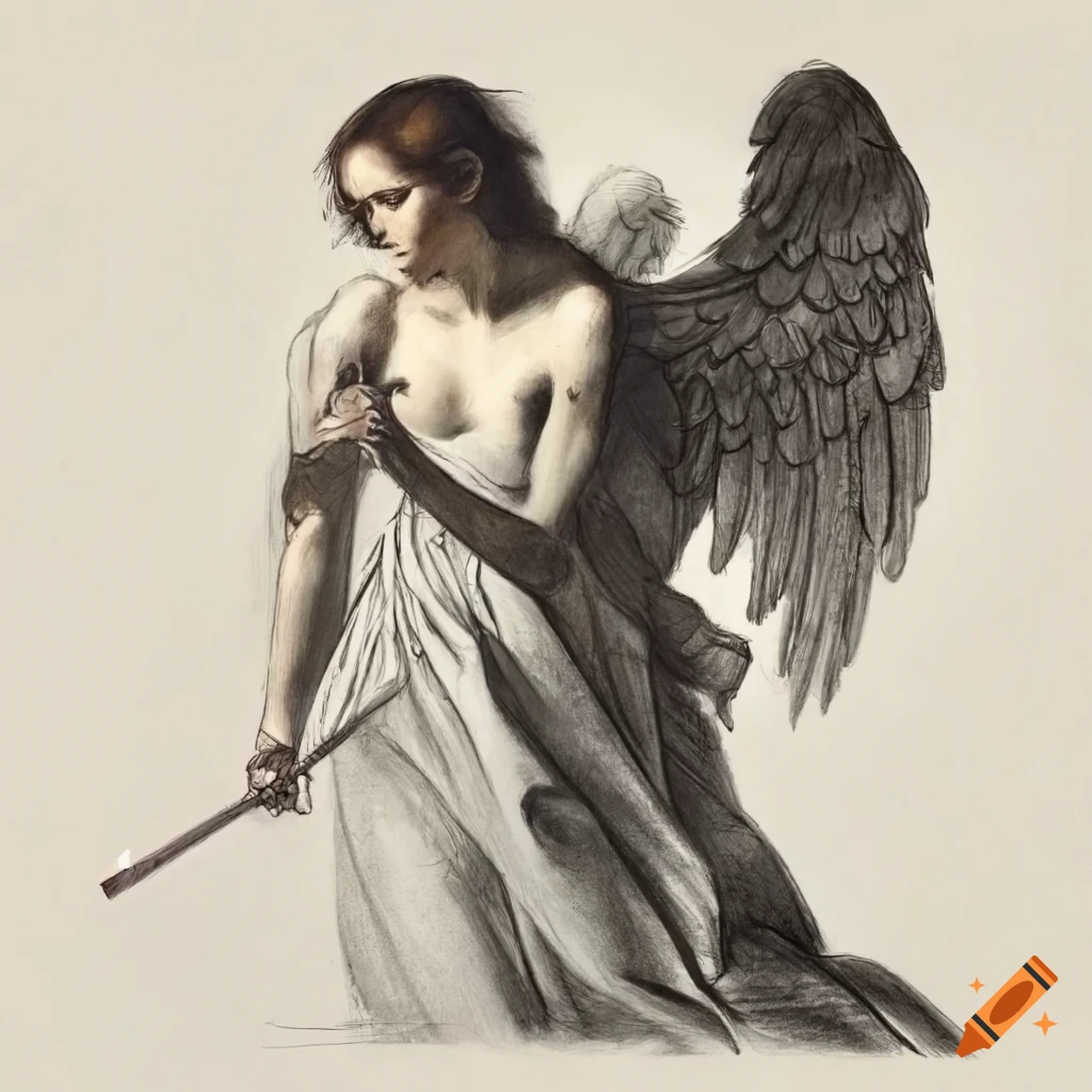 Sad angel holding a longsword with Da Vinci and Caravaggio elements in a sketchy pencil drawing