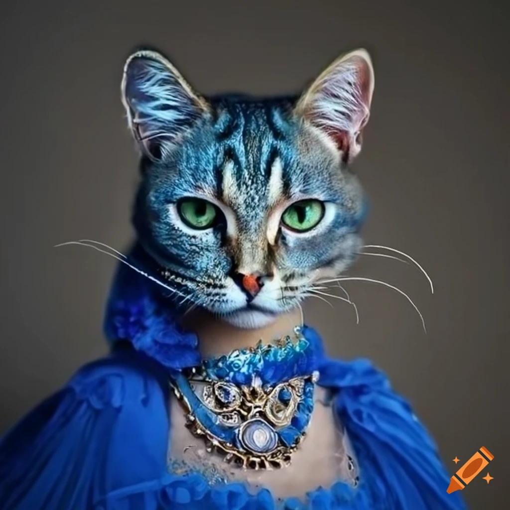 Gray tabby feline creature in royal blue dress with intricate jewelry in hyperrealistic painting