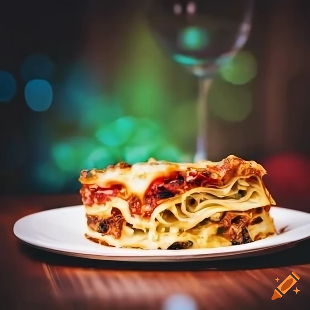 Delicious homemade lasagna with a glass of wine