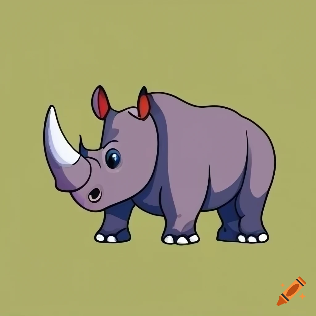 Cartoon rhinoceros with thick outlines on a solid color background