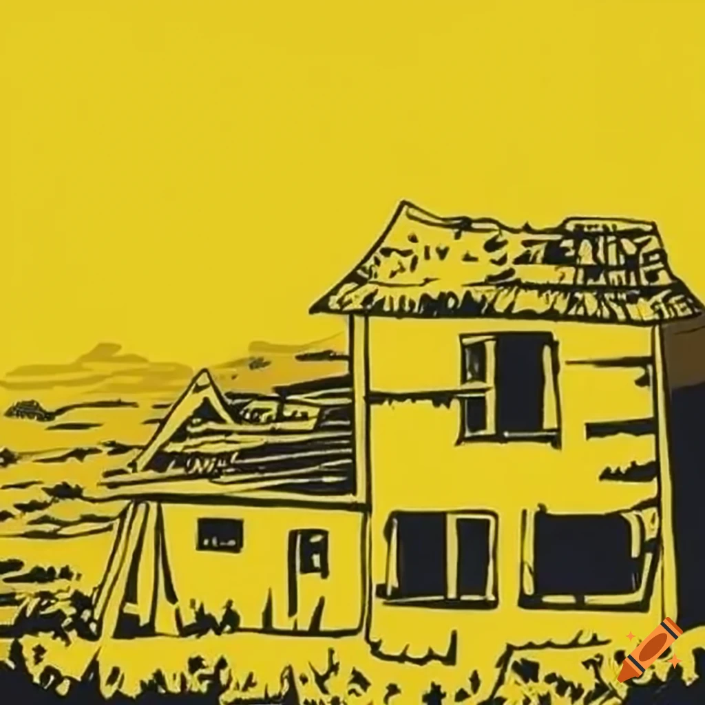 Post-apocalyptic yellow house with Studio Ghibli style and lighting