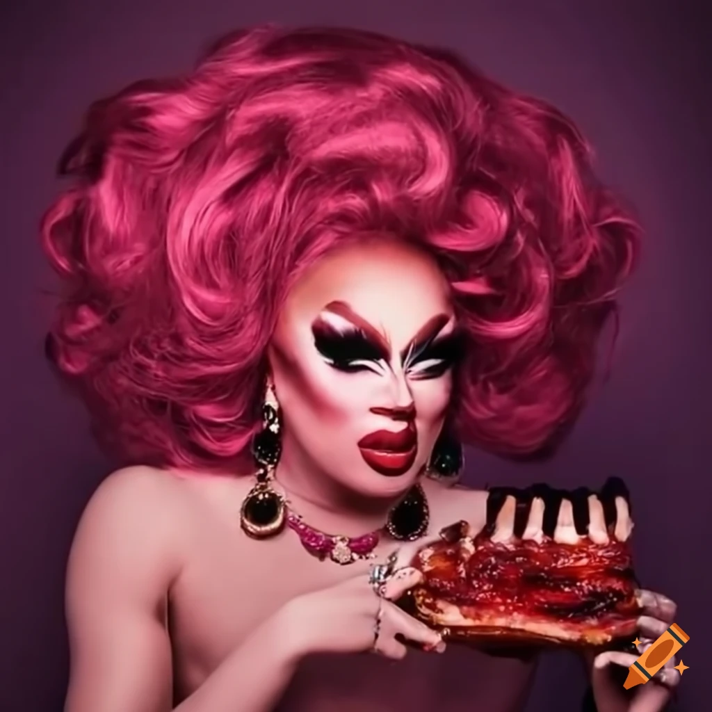 Drag queen preparing in a glam room surrounded by ribs and ketchup