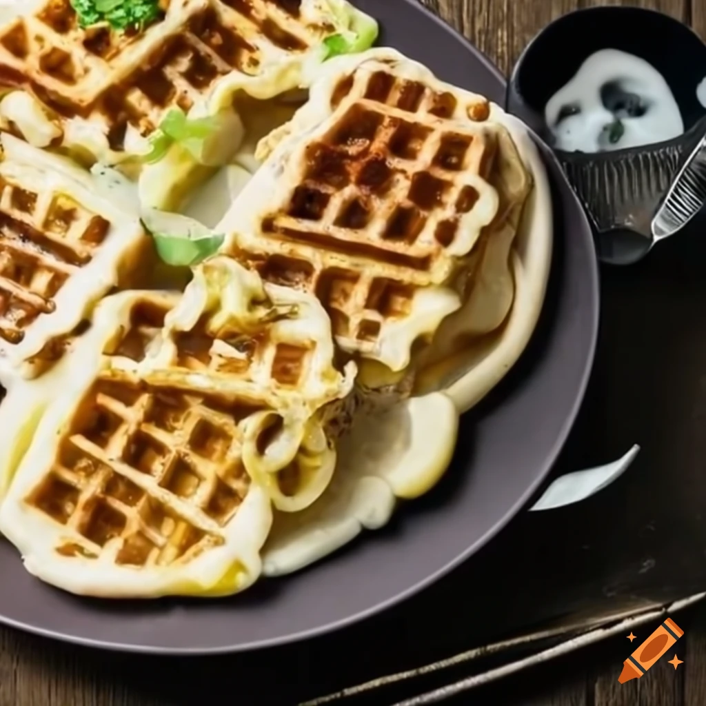 Salty waffles topped with melted cheese and green onions