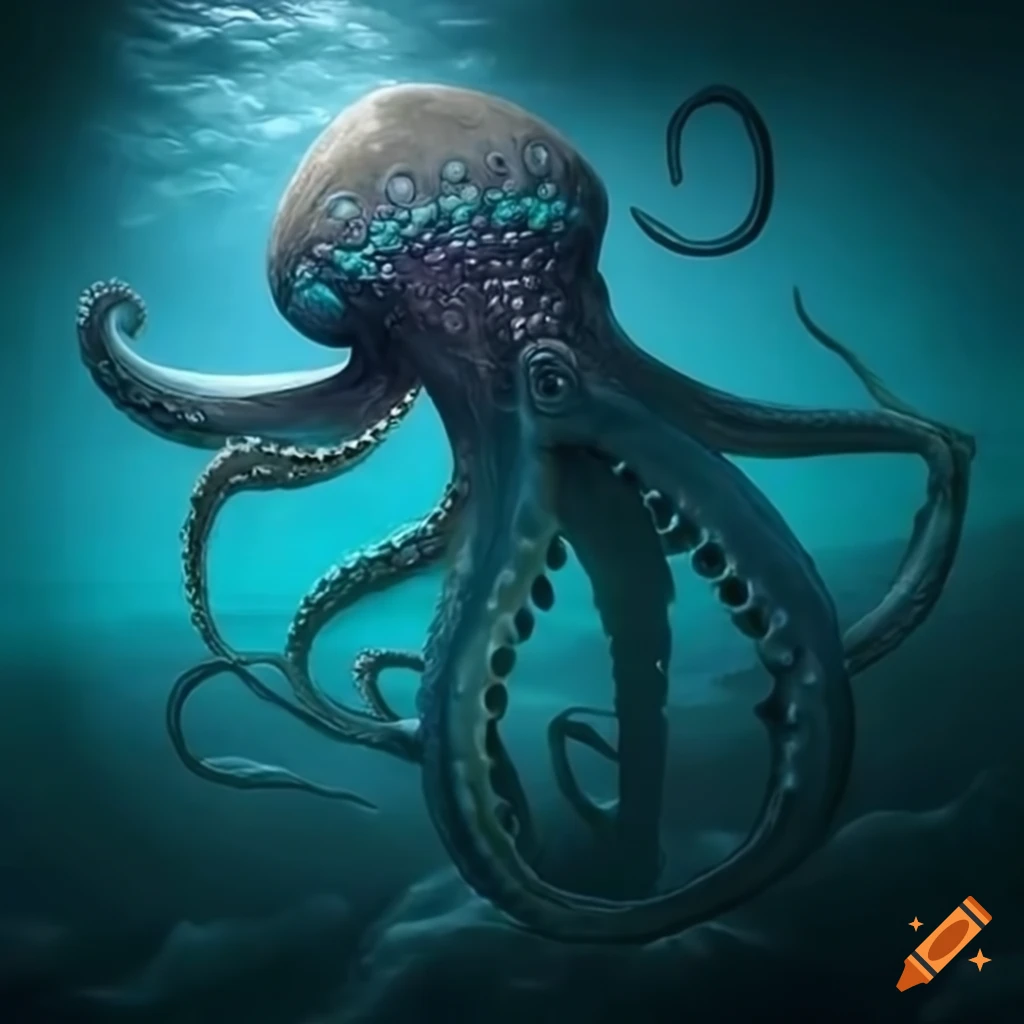 Magnificent kraken, a legendary sea creature with massive tentacles in shining blue