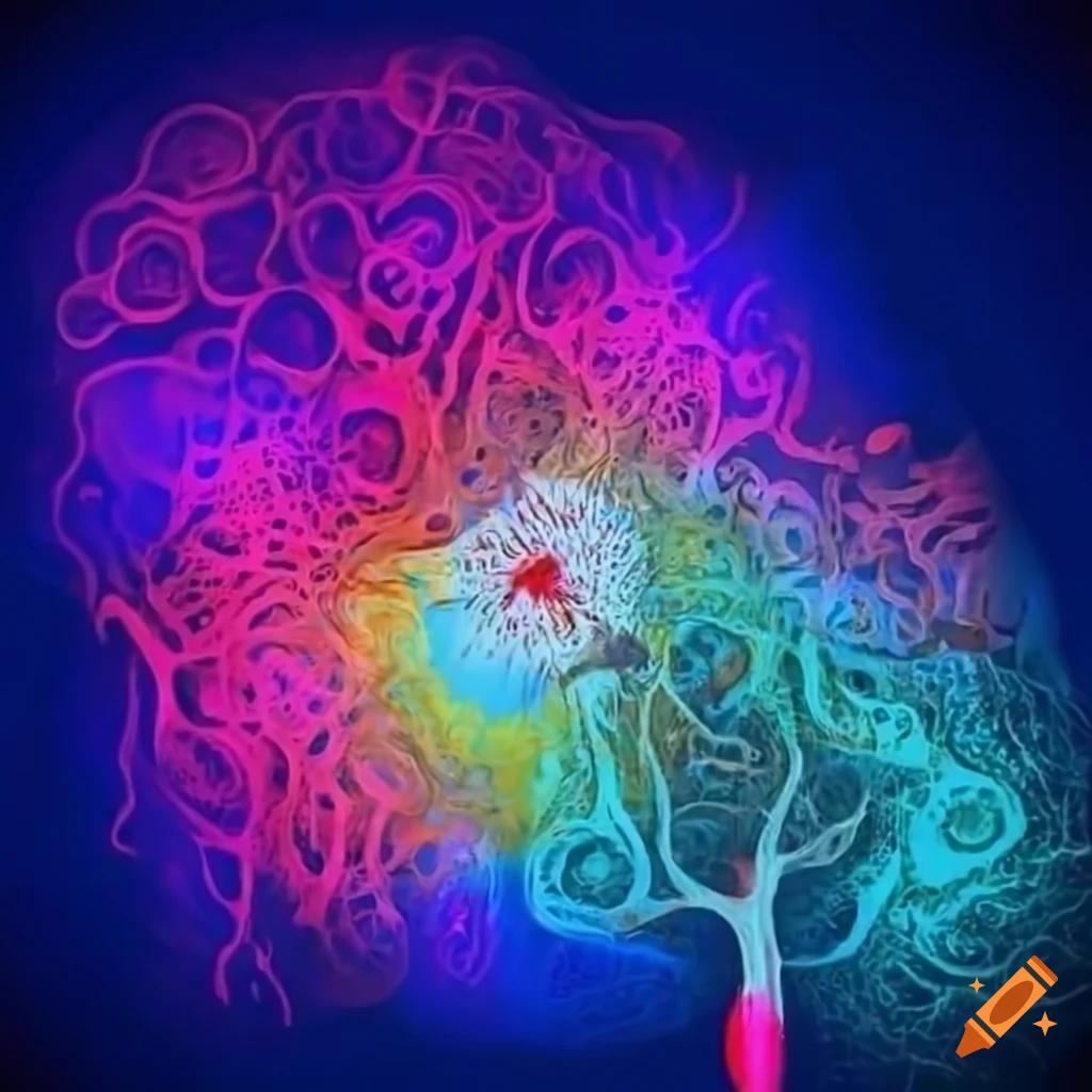 Colorful neural cell bursting on hypothalamic neurons in blue background