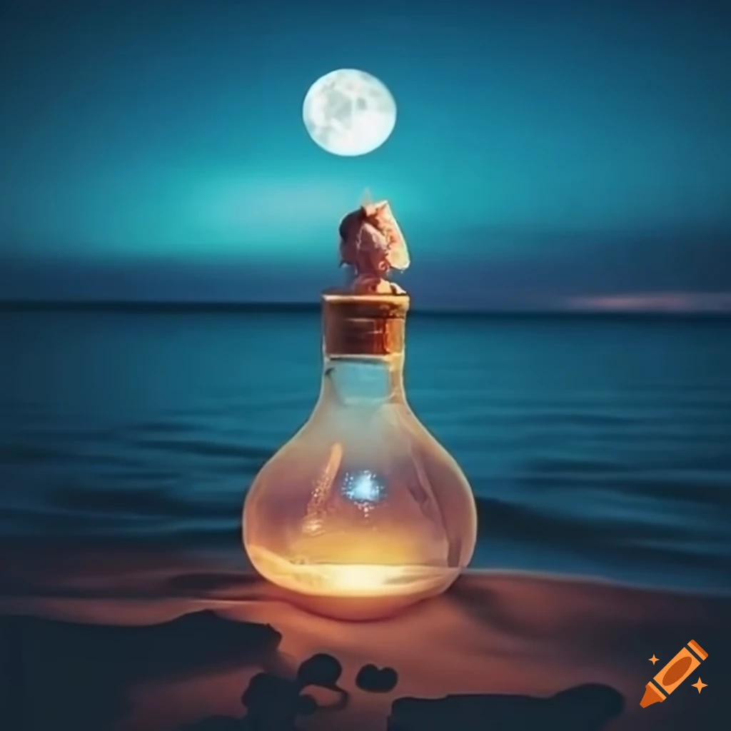 Small bottle beauty potion held in a feminine hand on a moonlit beach