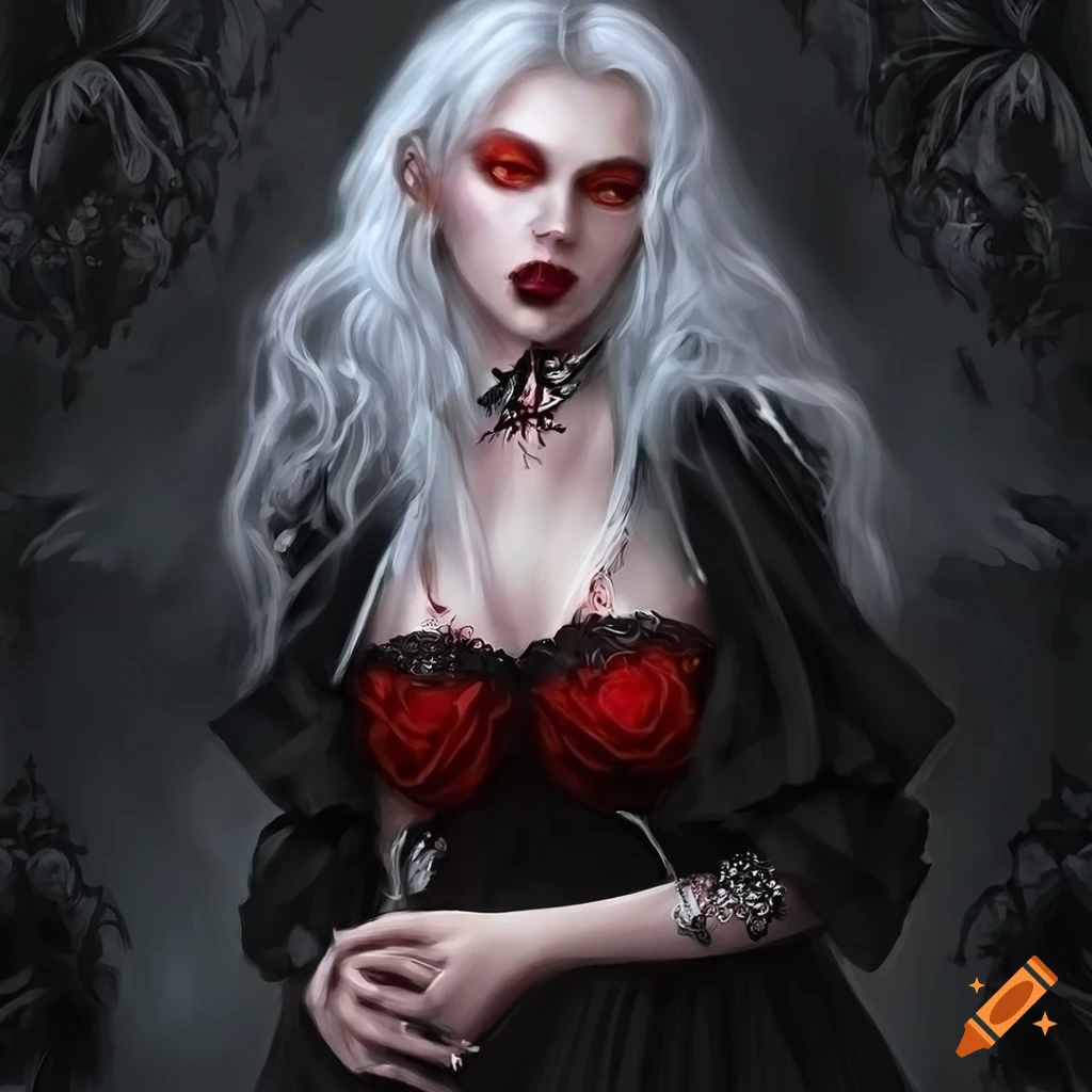 Fairytale portrait of a vampire lady with long white hair and red eyes in a black dress