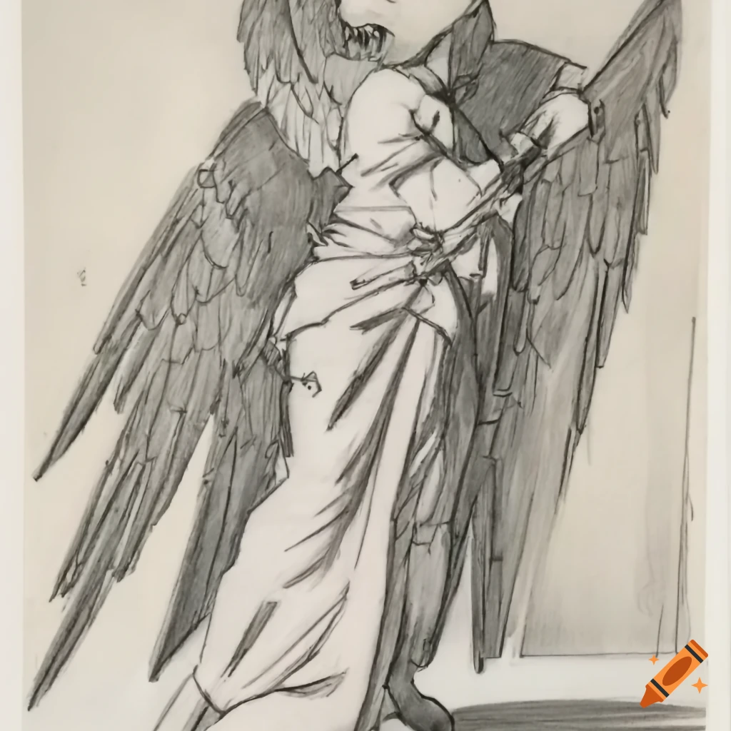Sad angel with a longsword in a sketchy pencil drawing
