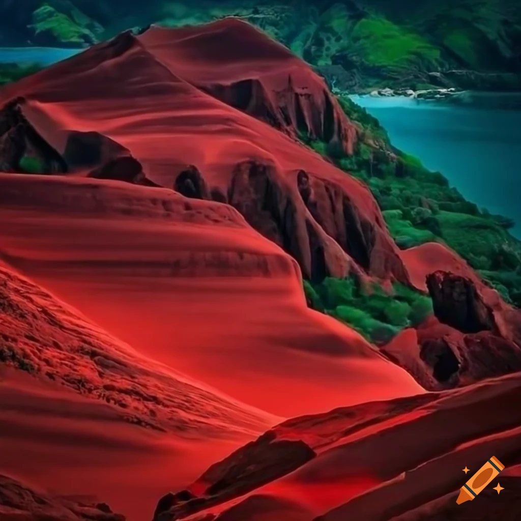 Contrast of green paradise and fiery red inferno in a vivid landscape