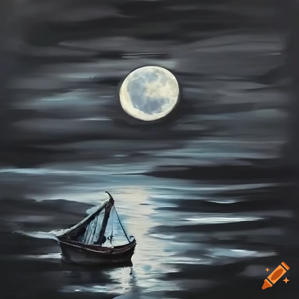 Old boat in water under the moonlight at night