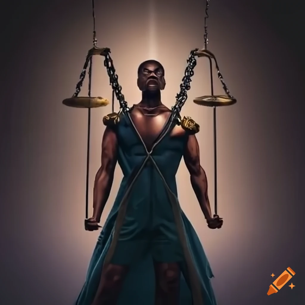 Heroic man holding the scales of Justice