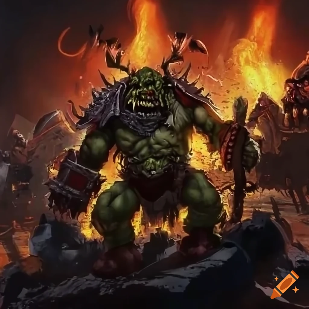 Ork Warboss Ghazghkull Mag Uruk Thraka leading his horde into battle with his chosen champions in a rocky terrain