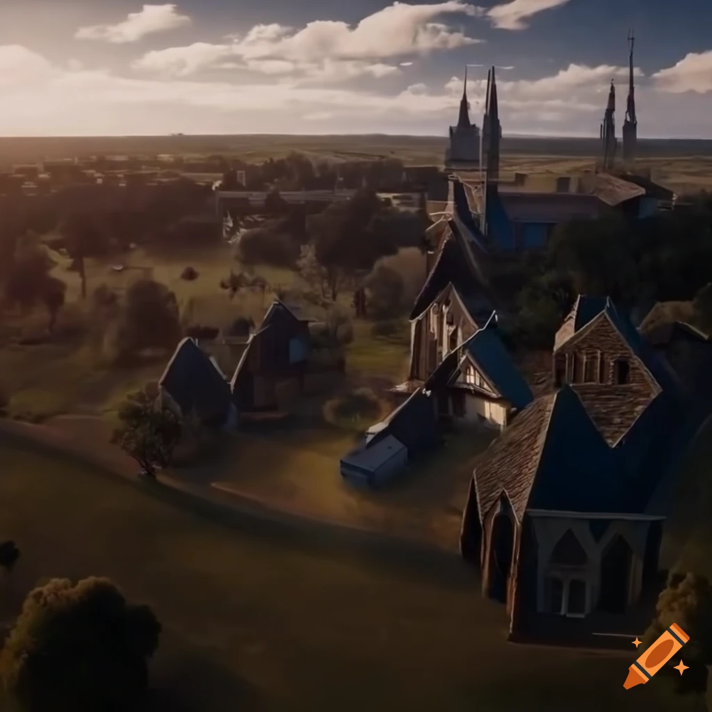 Aerial view of a sci-fi village with white houses and a church in a cloudy sky