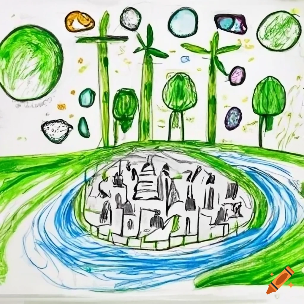 Sustainable energy sources in an inclusive city drawn by a toddler