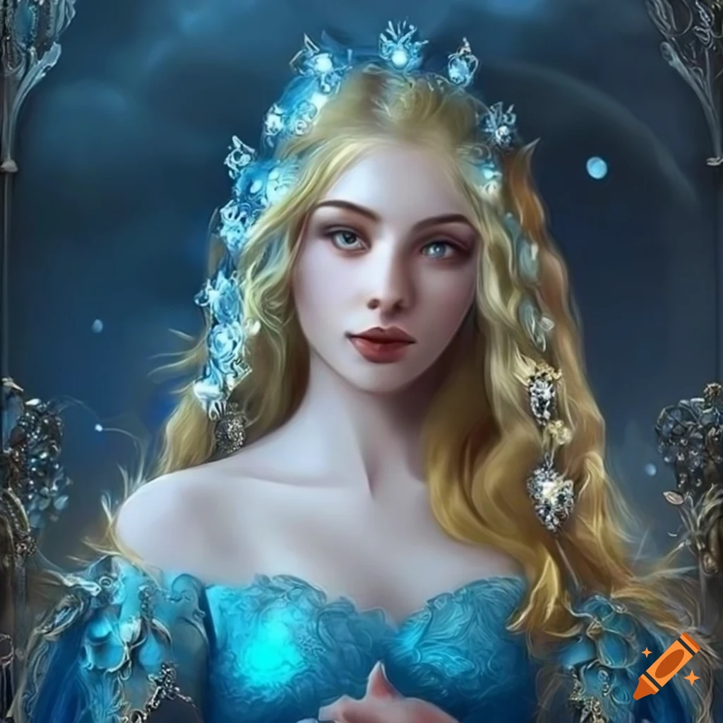 Portrait of a young woman with golden hair in a blue dress with silver ...