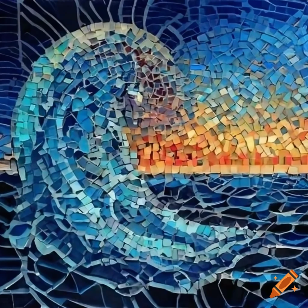 Intricate mosaic artwork of a sparkling ocean wave