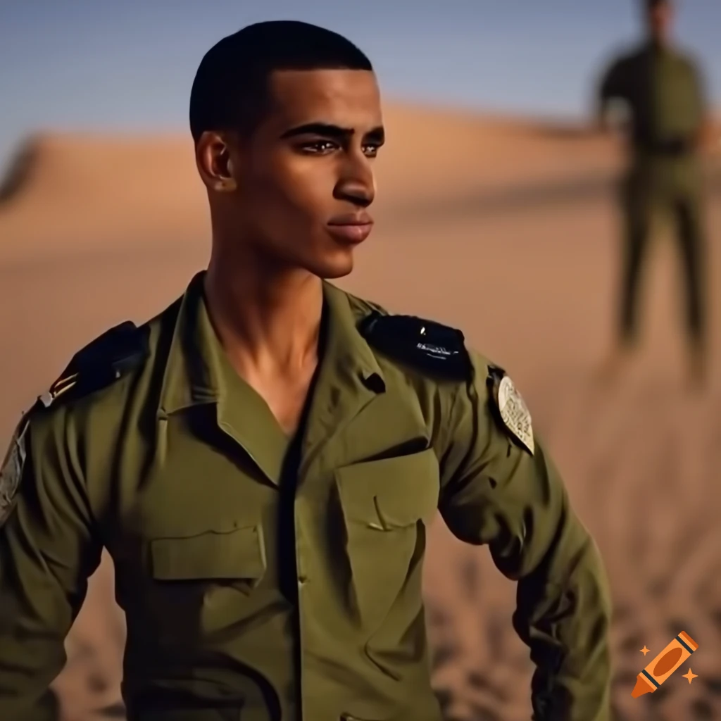 Group of men in olive green police uniforms training in a desert camp