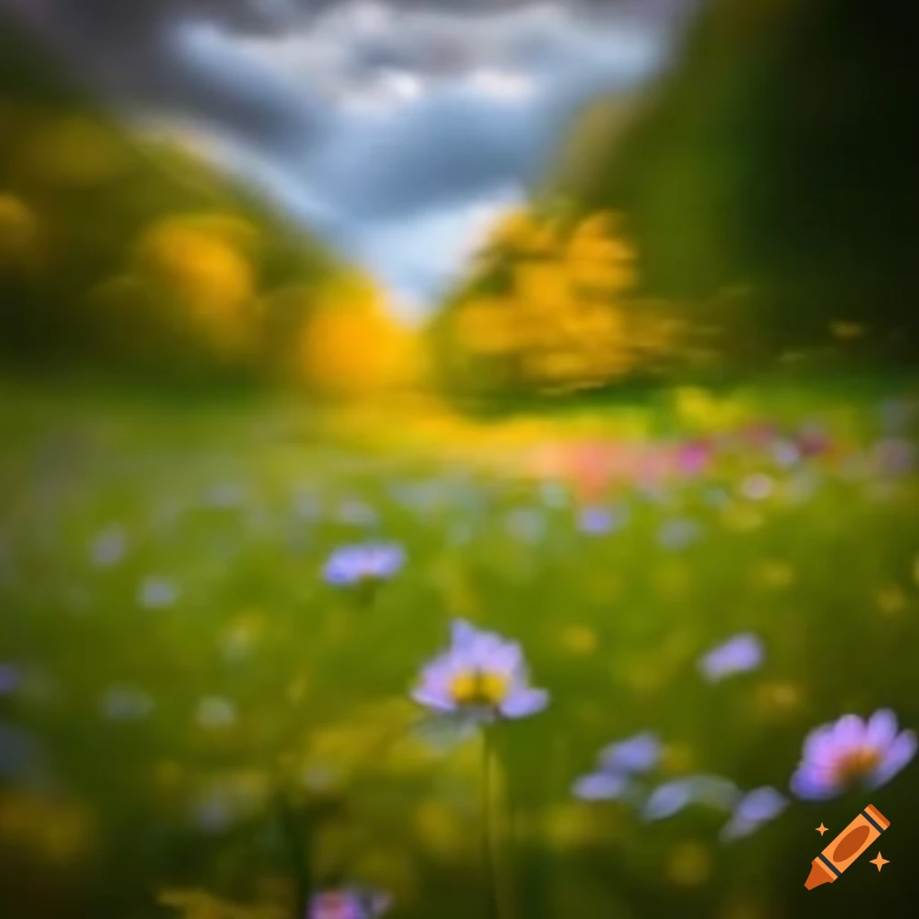 View under growing flowers in a beautiful meadow towards the sky