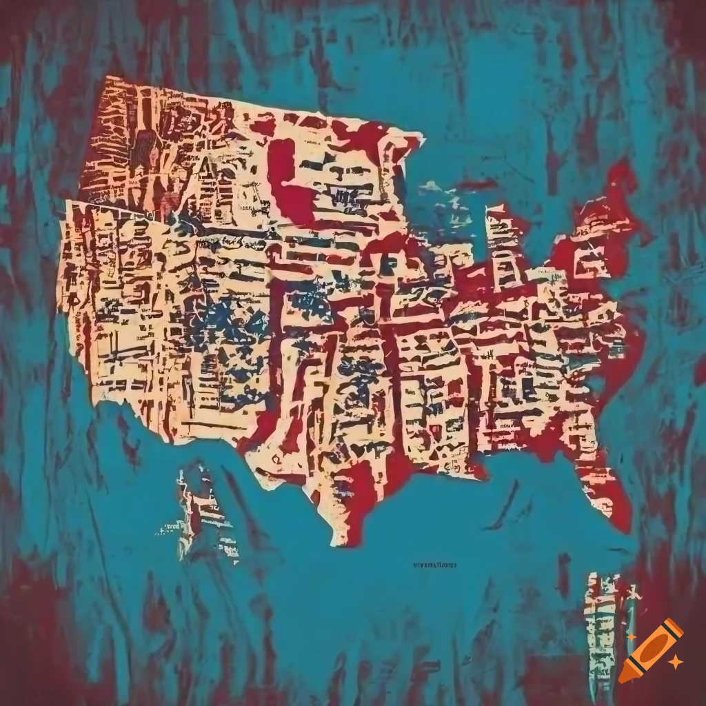 Grunge linocut print of United States Map in patriotic colors with a cross and rays