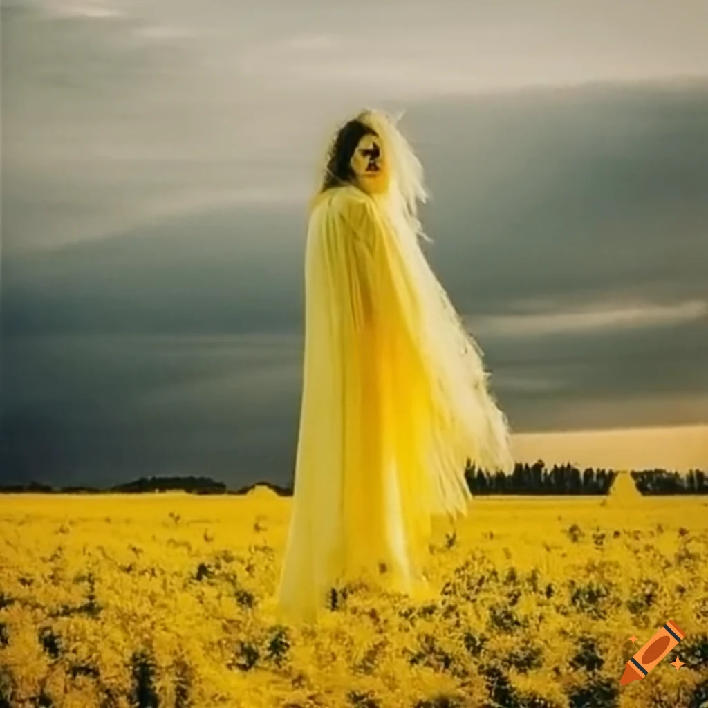 Yellow ghost spirit in a yellow field captured in VHS style