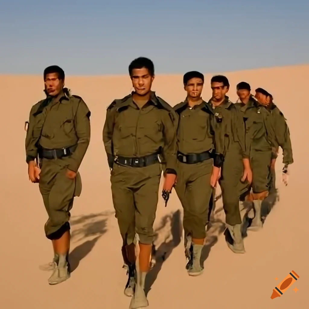 Group of men in olive green police uniforms training in a desert camp