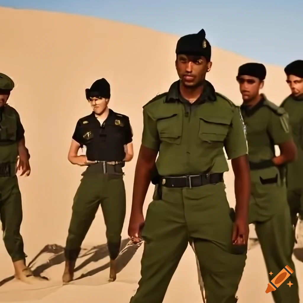 Group of men in olive green police uniforms training in a desert camp