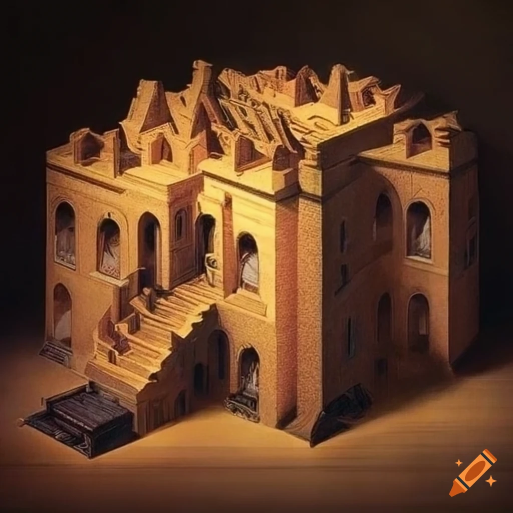 Abstract artwork inspired by Escher, Vermeer, and Grant Wood