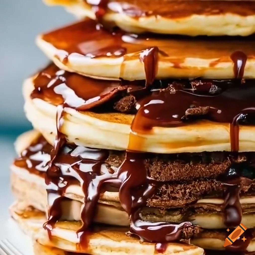 Tower of 10 perfect pancakes with melted chocolate, close-up macro shot