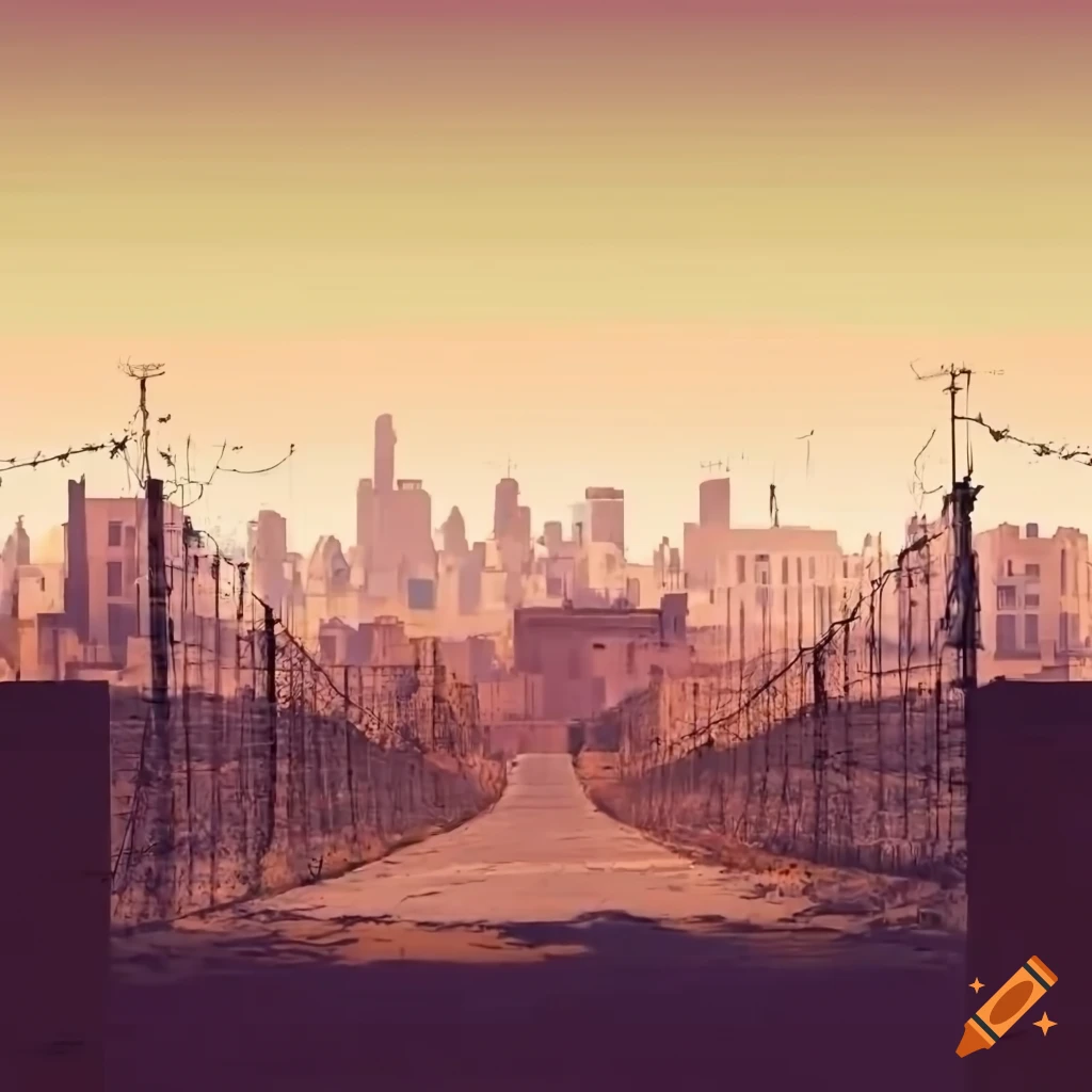 Heavily guarded border with walls, barbed wires, and soldiers in a desert setting