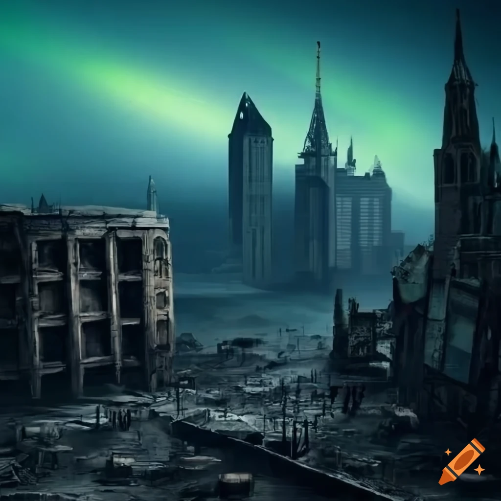 Post apocalyptic wasteland with gothic skyscraper and aurora