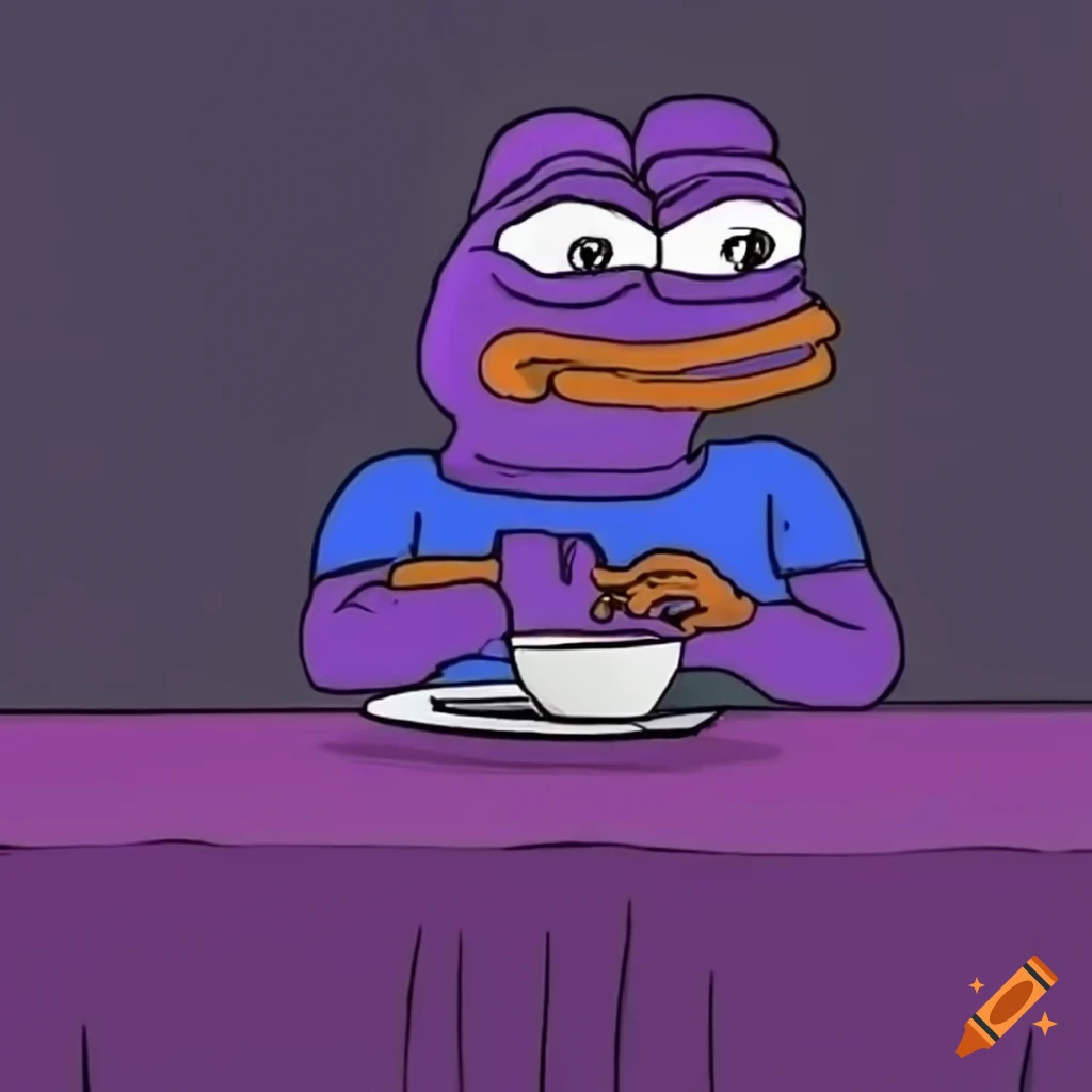 Purple Pepe frog smiling and drinking coffee in a room