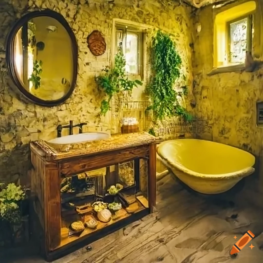 Yellow aesthetic bathroom in a cozy mushroom house with plants and