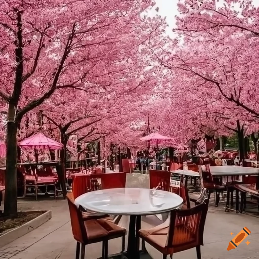 Chinese restaurant under pink spring trees with falling pink leaves